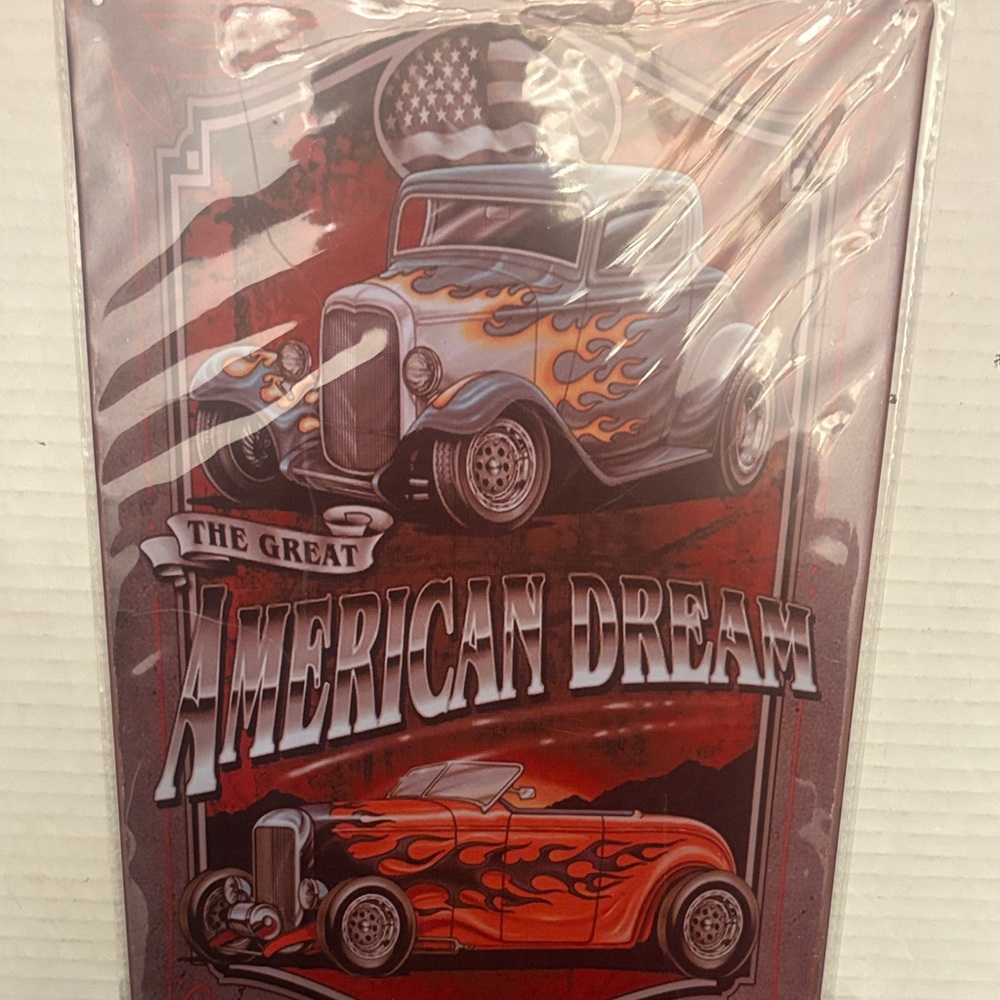 Source Unknown Red and Orange 'American Dream' Hot Rod Metal Sign 7.5”x11.5”